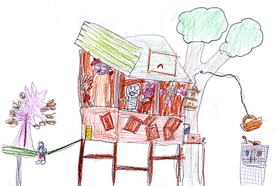 child's drawing of a treehouse, inspired by a Freehand Theatre puppet performance